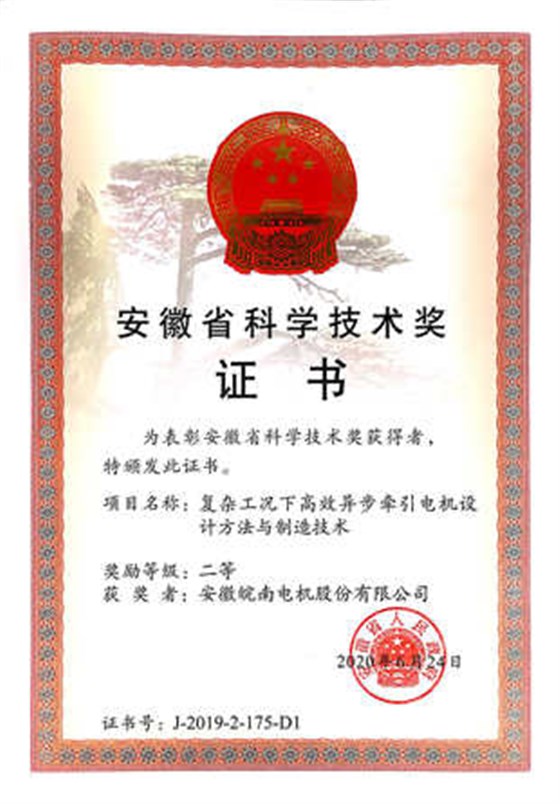 2019年安徽省科技進(jìn)步二等獎:皖南電機(jī):“復(fù)雜工況下高效異步牽引電機(jī)設(shè)計方法與制造技術(shù)”